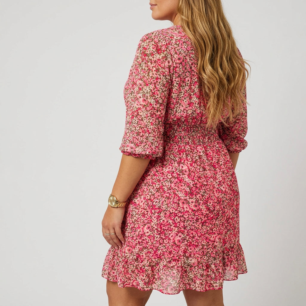 V-Neck Puff Sleeve Ditsy Floral Smocked Waist A-Line Midi Dress