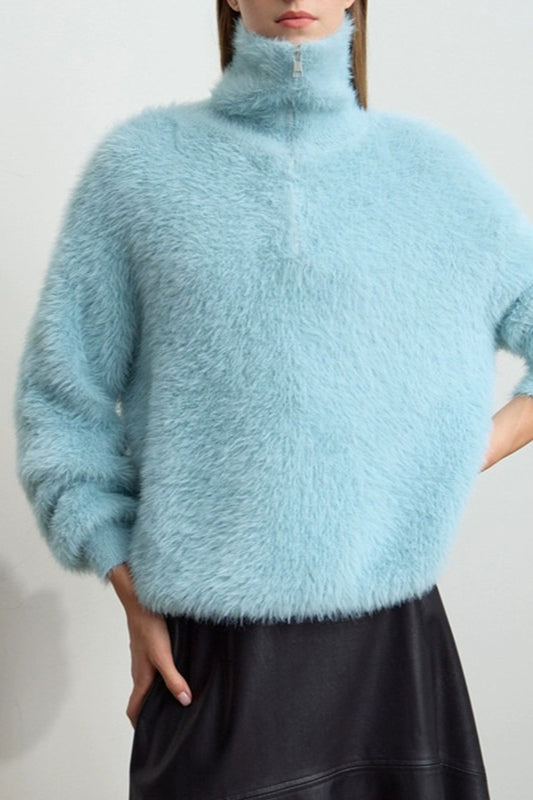 Faux Mink Slouchy Turtleneck Zip-Front Sweater