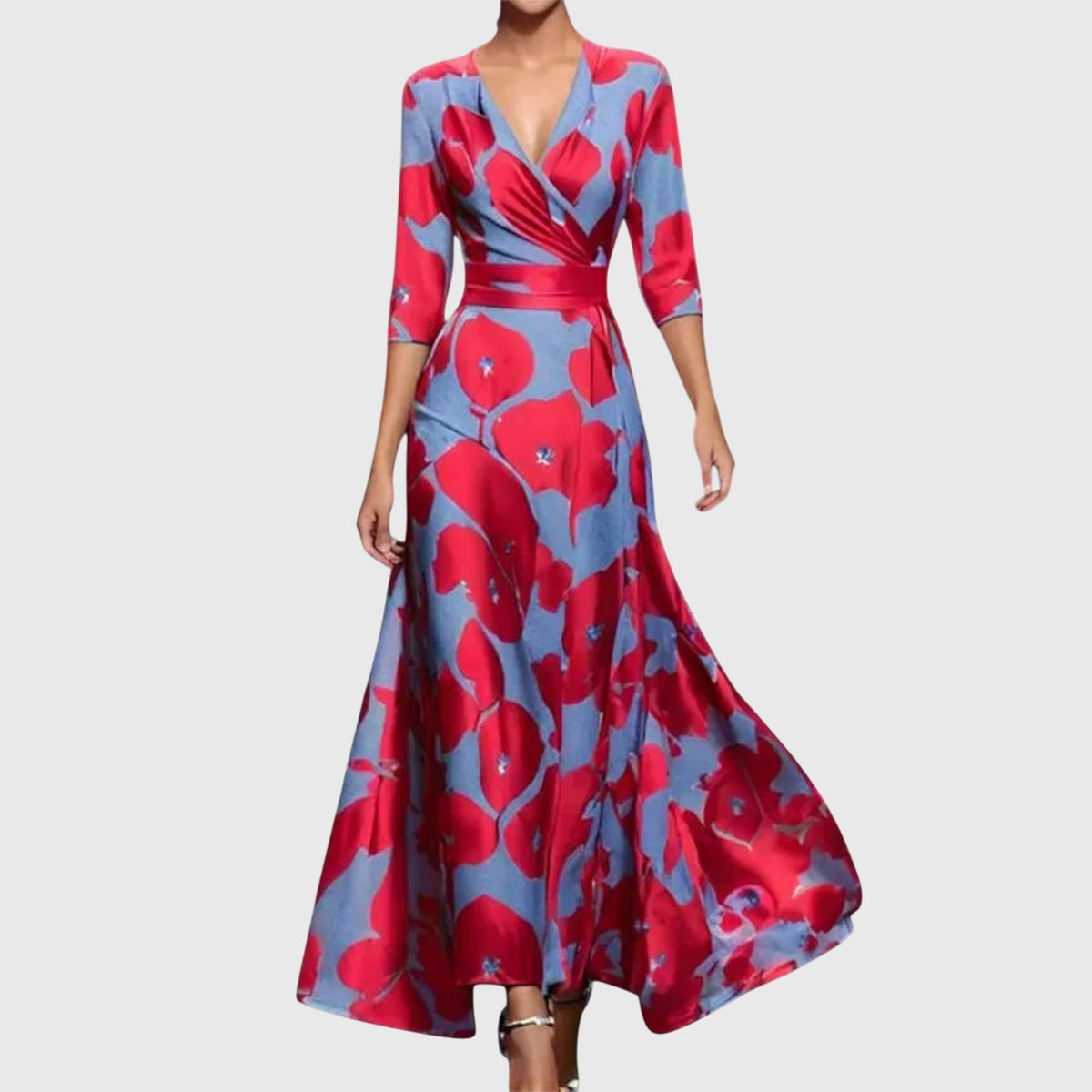 Surplice V-Neck Floral Print Satin Wrap A-Line Maxi Dress