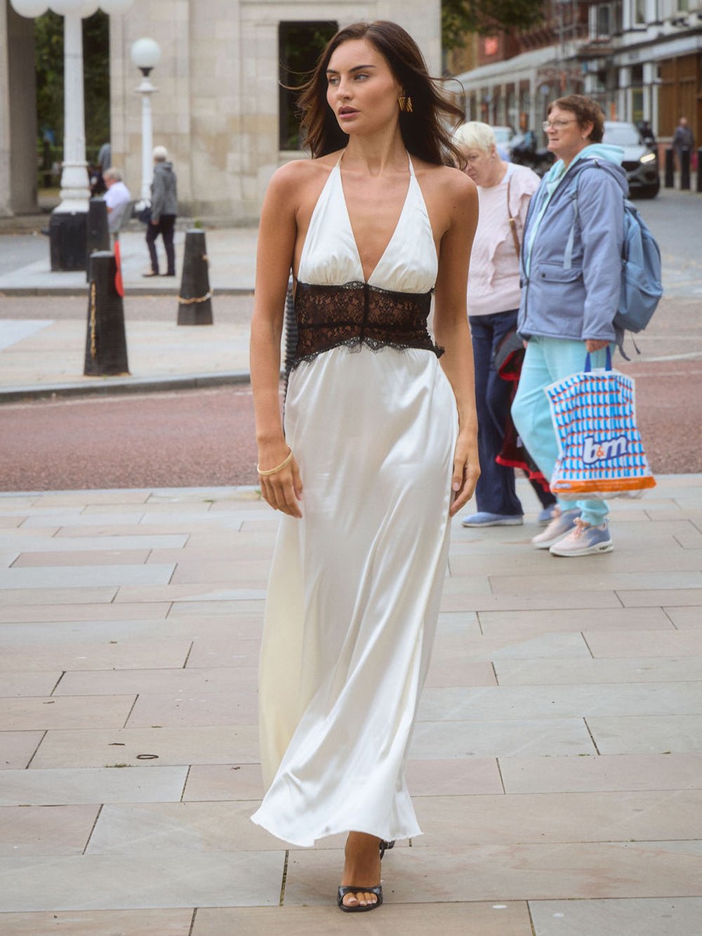 White Satin Halter Deep V-Neck Lace Waist Band Inset Column Maxi Gown 5