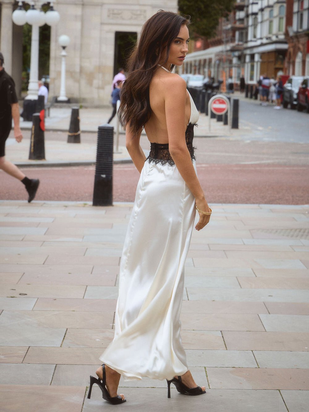 White Satin Halter Deep V-Neck Lace Waist Band Inset Column Maxi Gown 2