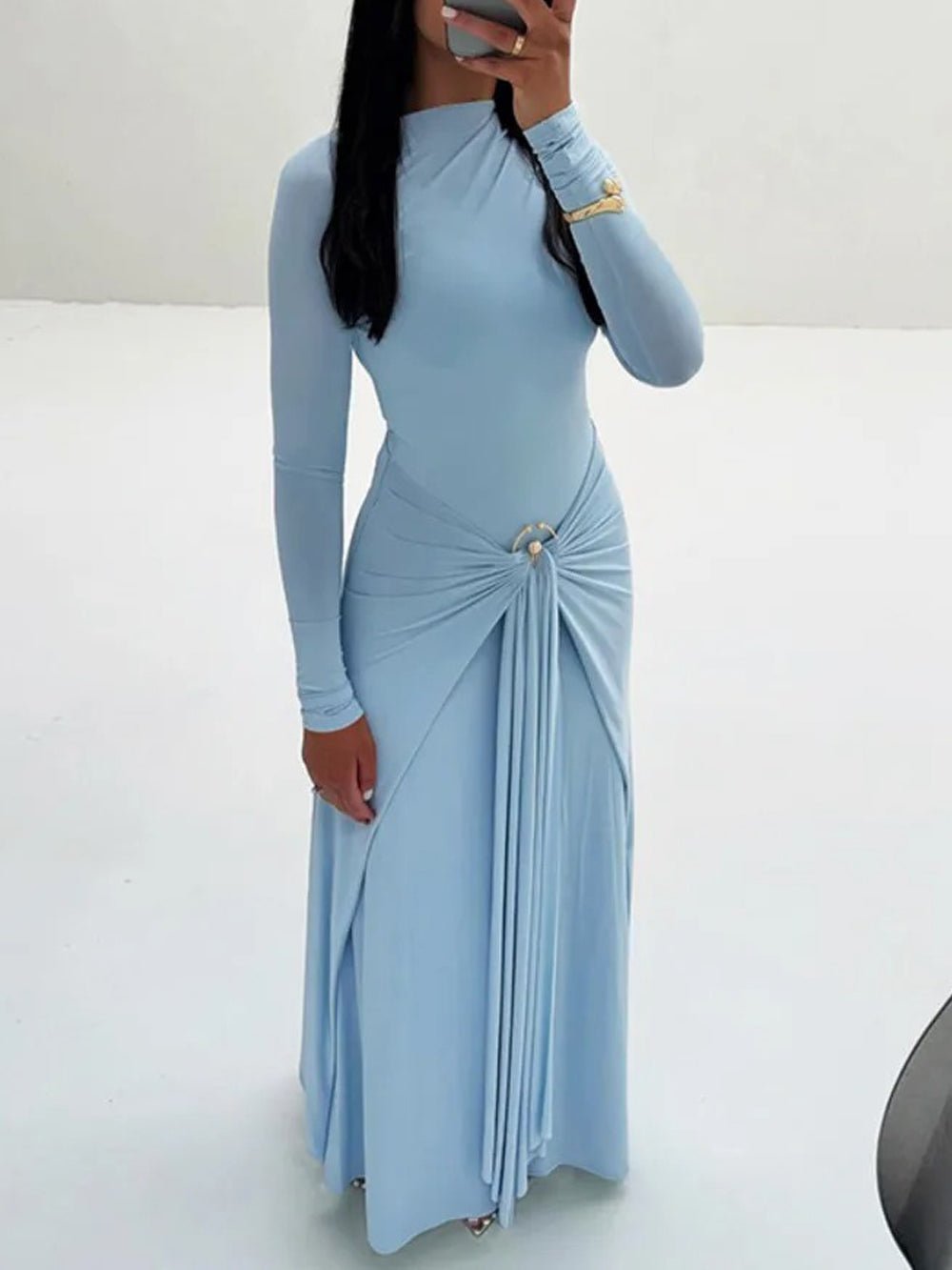 Long Sleeve Mock Neck Ruched Metal Hardware Drape Maxi Dress 6