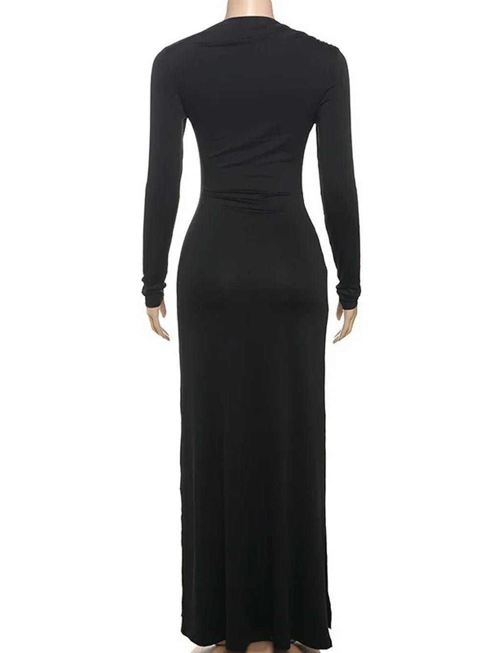 Long Sleeve Mock Neck Ruched Metal Hardware Drape Maxi Dress 2