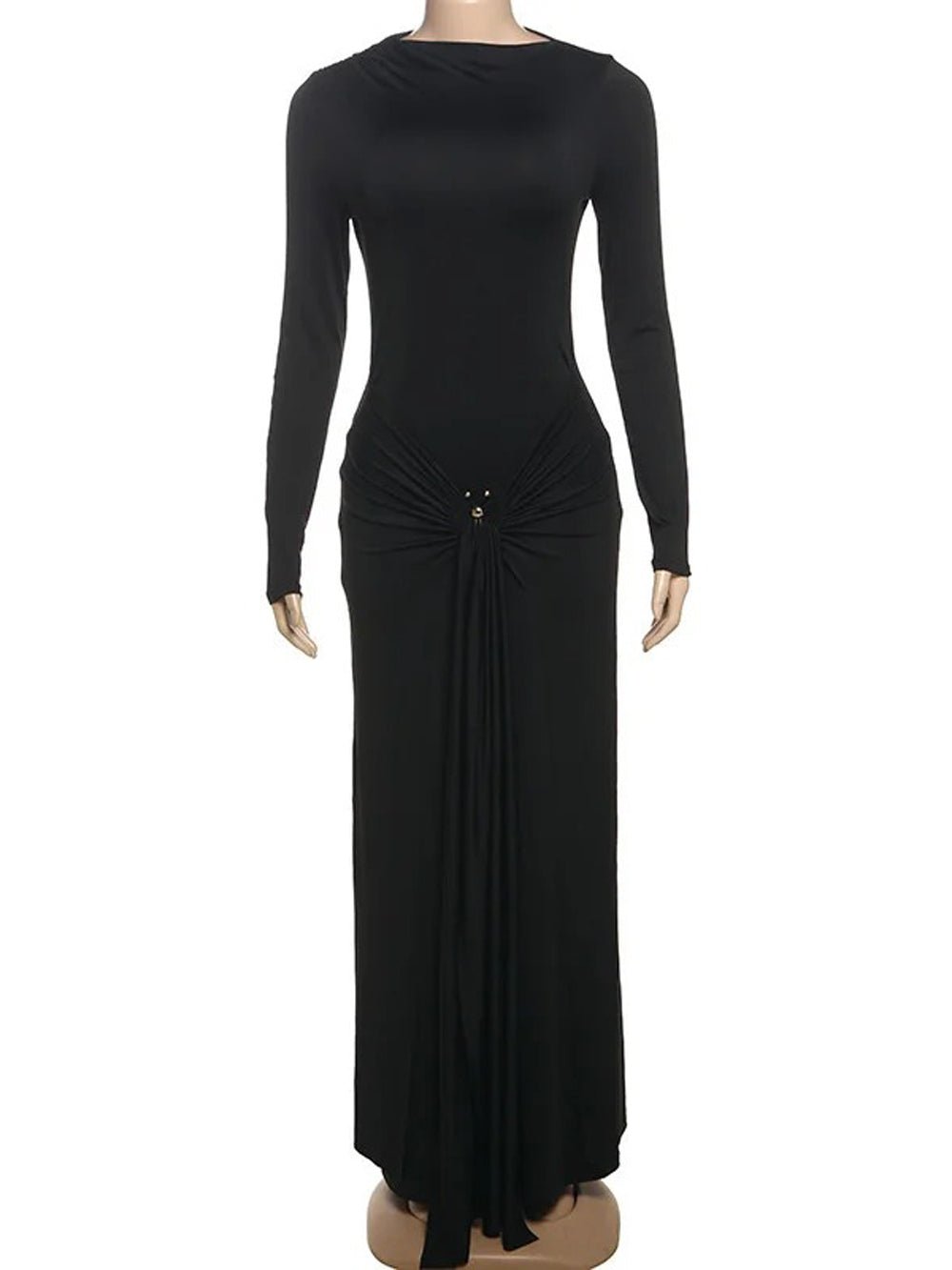 Long Sleeve Mock Neck Ruched Metal Hardware Drape Maxi Dress 3