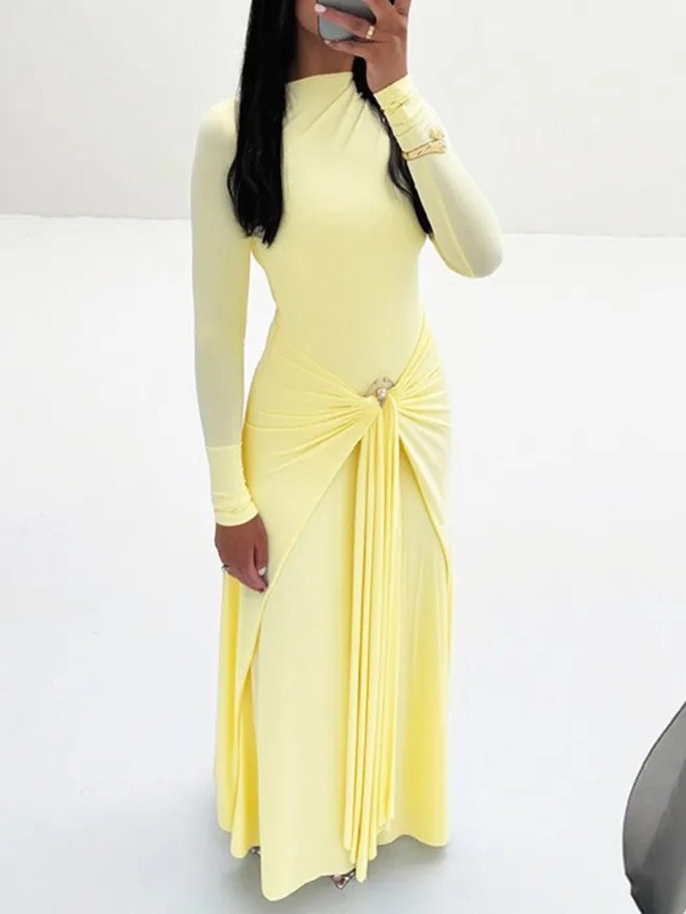 Long Sleeve Mock Neck Ruched Metal Hardware Drape Maxi Dress 8
