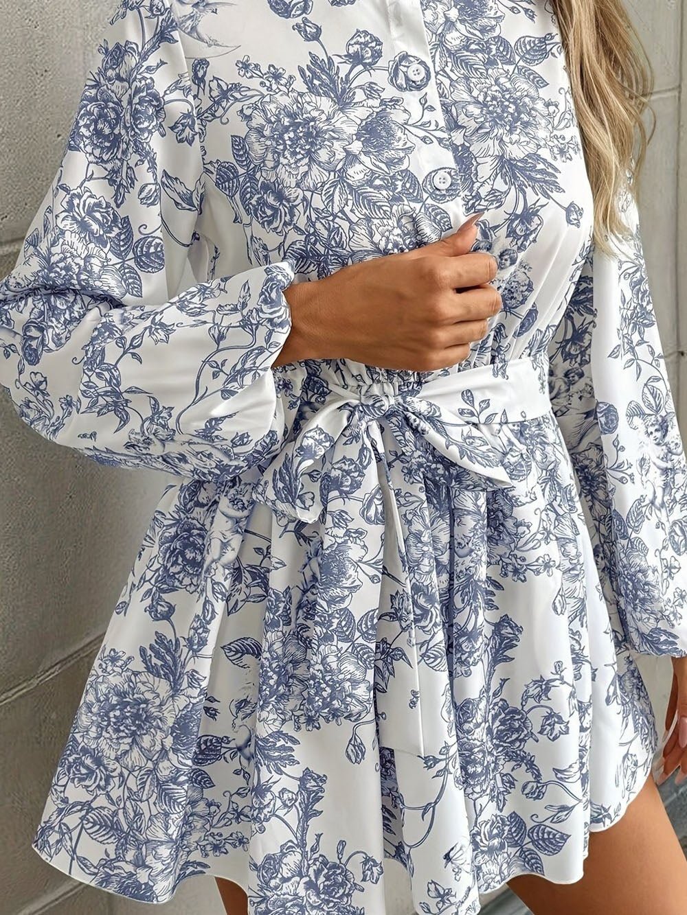 Multi Toile Print Mock Neck Button Down Bishop Sleeve Tie Waist Mini Dress 6