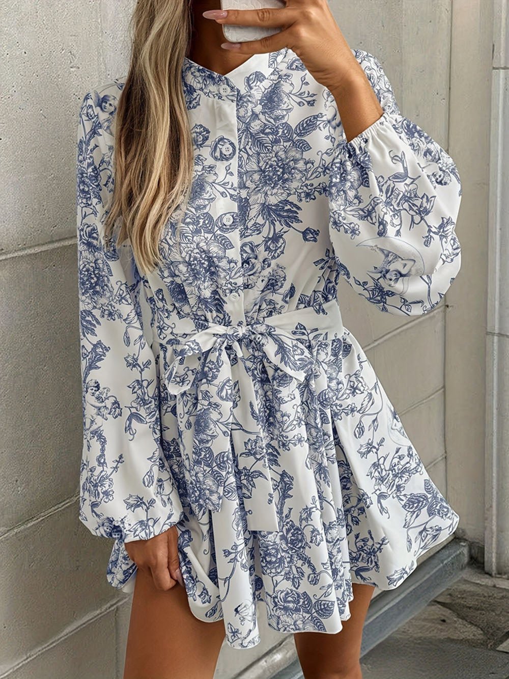 Multi Toile Print Mock Neck Button Down Bishop Sleeve Tie Waist Mini Dress 4
