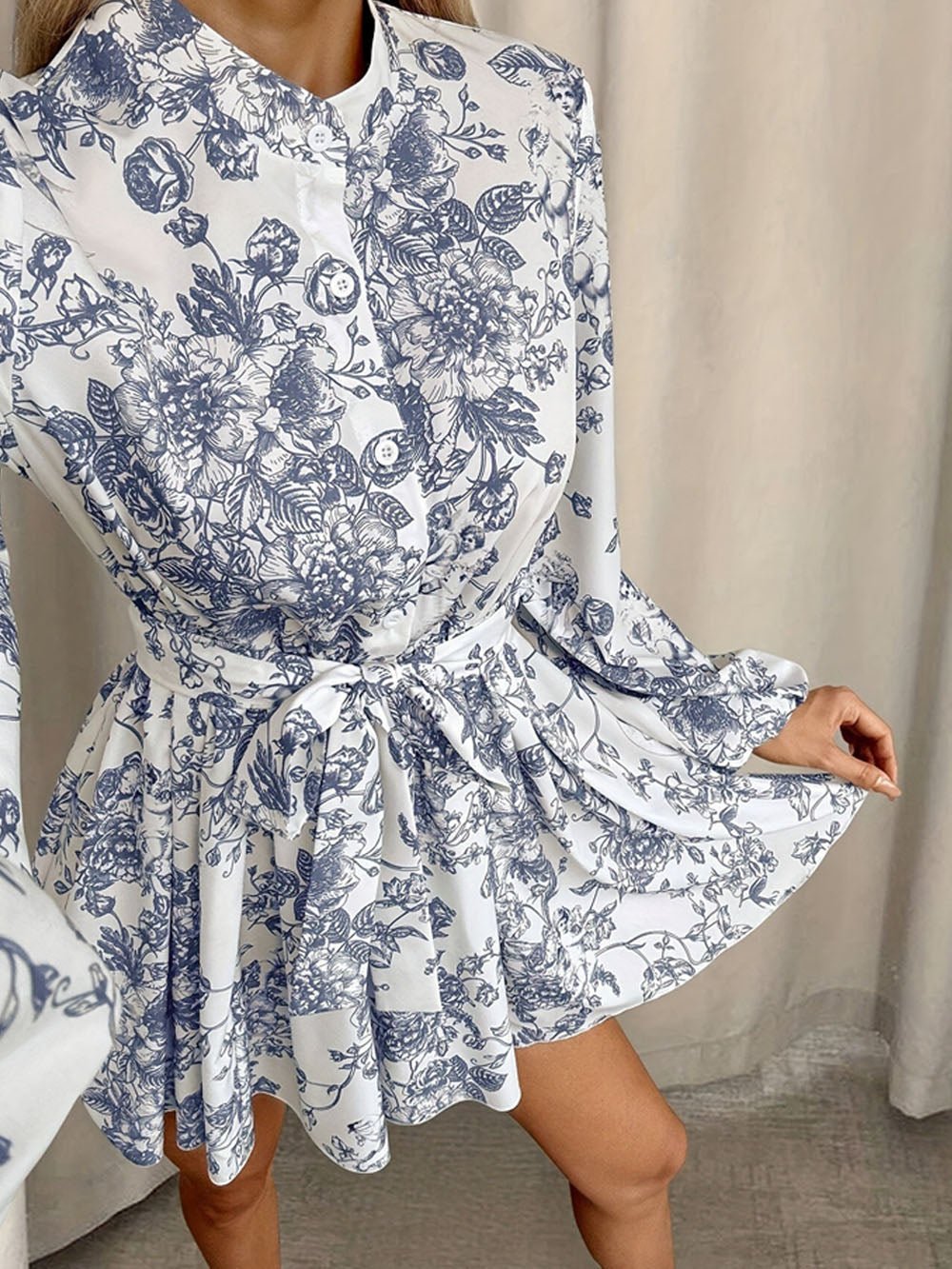 Multi Toile Print Mock Neck Button Down Bishop Sleeve Tie Waist Mini Dress 5