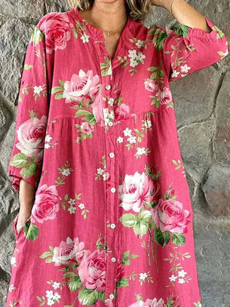 Pink Rose Notch Neck Button Front Long Sleeve Rose Floral Shift Maxi Dress