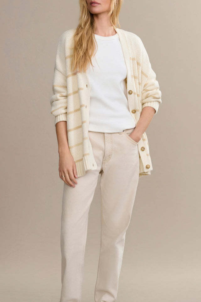 Striped Cotton V Neck Slouchy Knit Cardigan