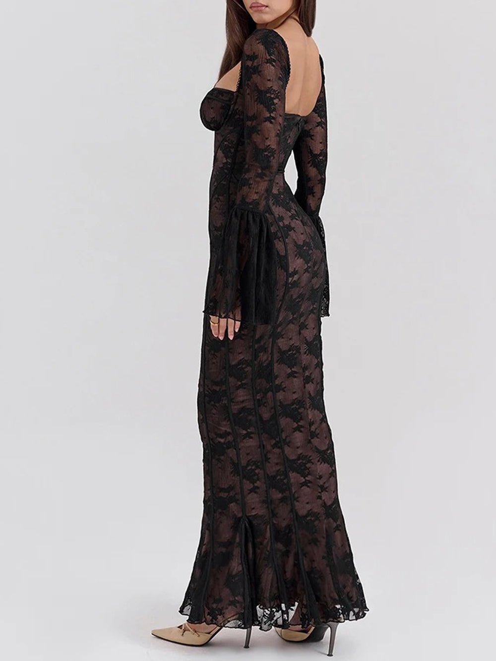 Lace Sweetheart Corset Boning Bell Sleeve Mermaid Maxi Gown 6