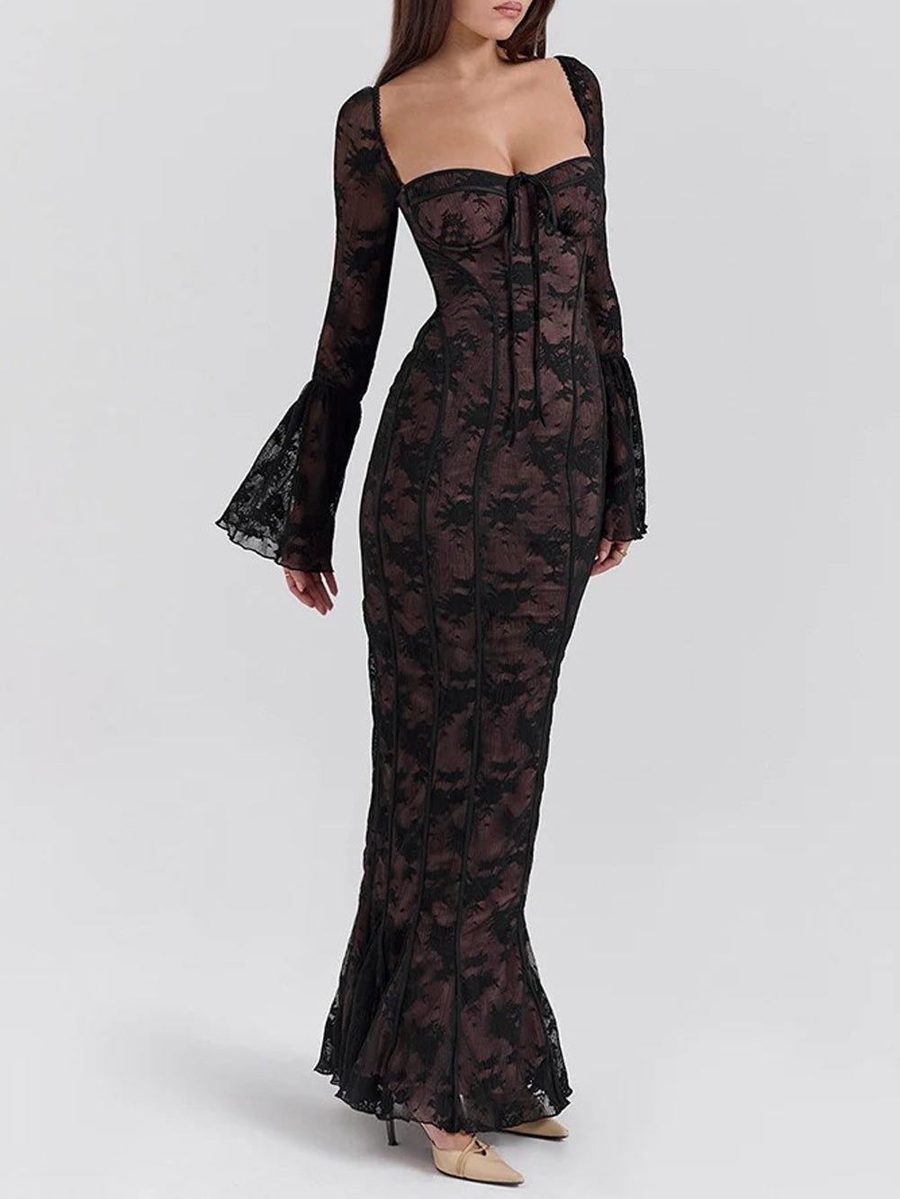 Lace Sweetheart Corset Boning Bell Sleeve Mermaid Maxi Gown 7