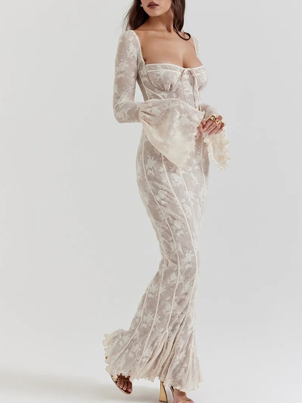 Lace Sweetheart Corset Boning Bell Sleeve Mermaid Maxi Gown 3