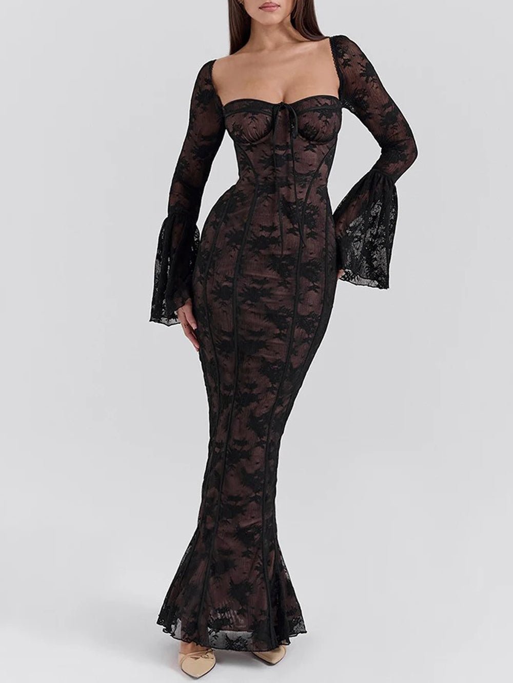 Lace Sweetheart Corset Boning Bell Sleeve Mermaid Maxi Gown 5