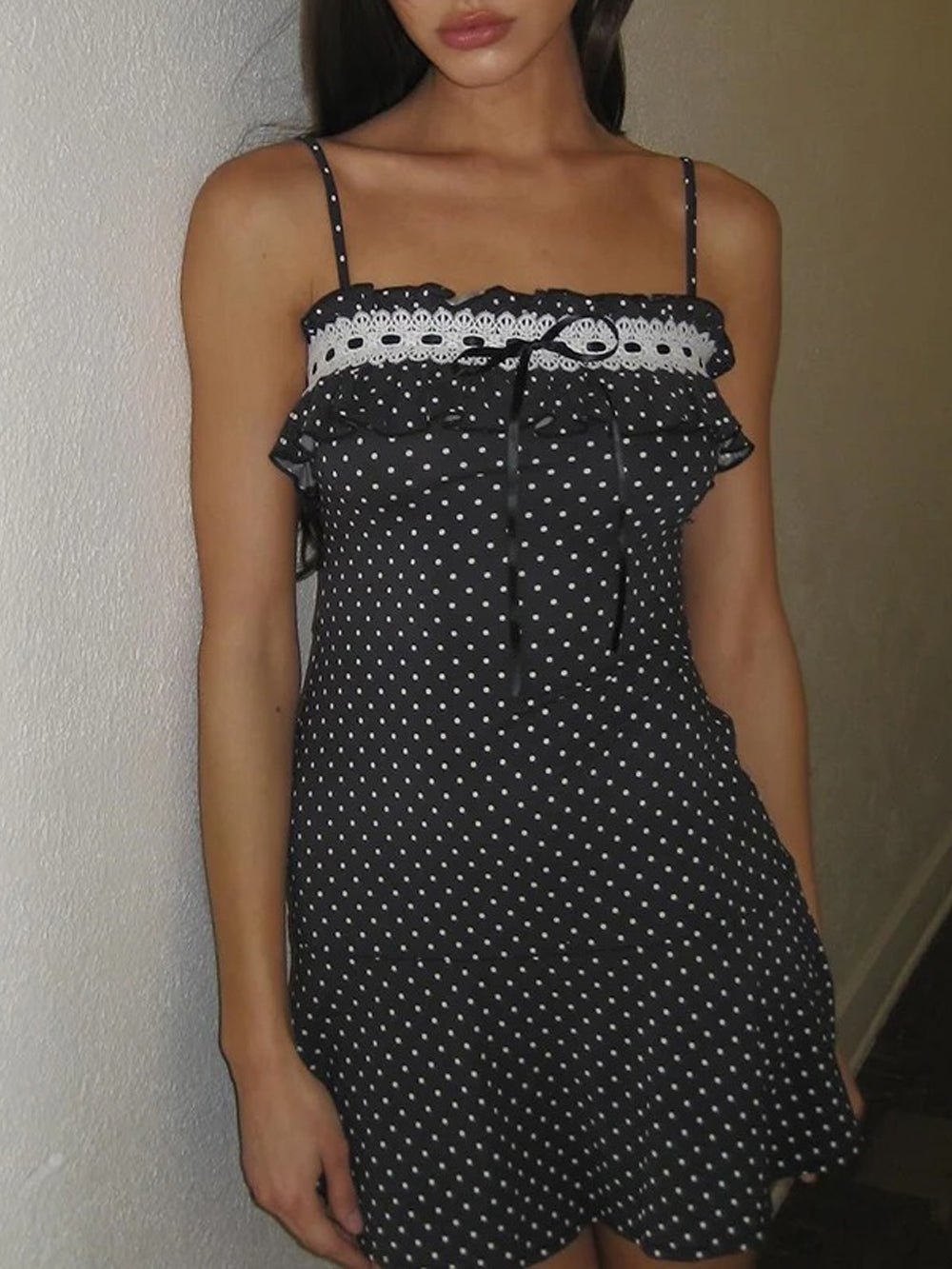 Black Polka Dot Lace Trim Ruffle Spaghetti Strap Bodycon Mini Dress 2