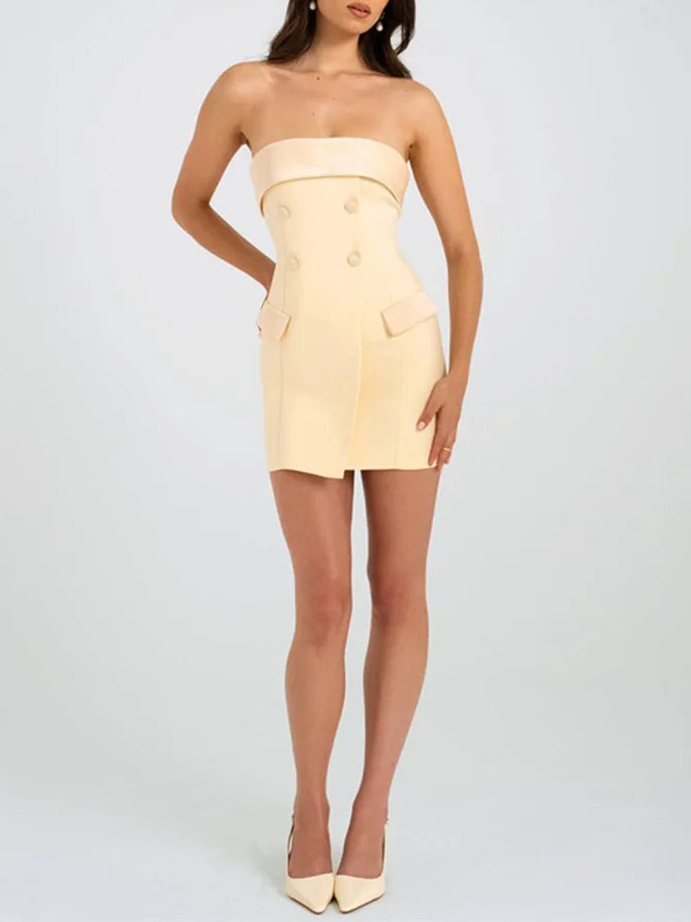 Strapless Double Breasted Satin Trim Tuxedo Mini Dress 5
