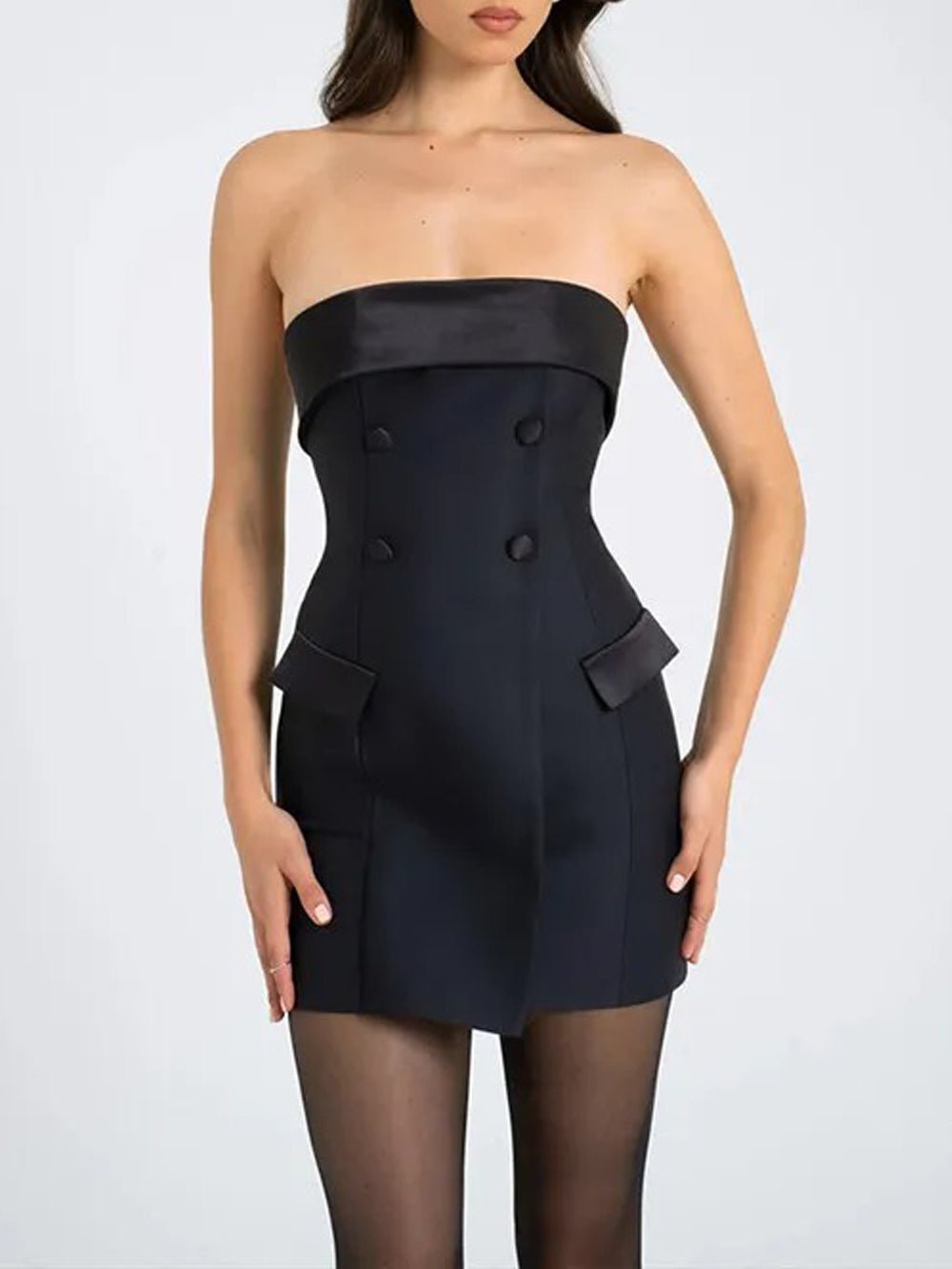 Strapless Double Breasted Satin Trim Tuxedo Mini Dress 4