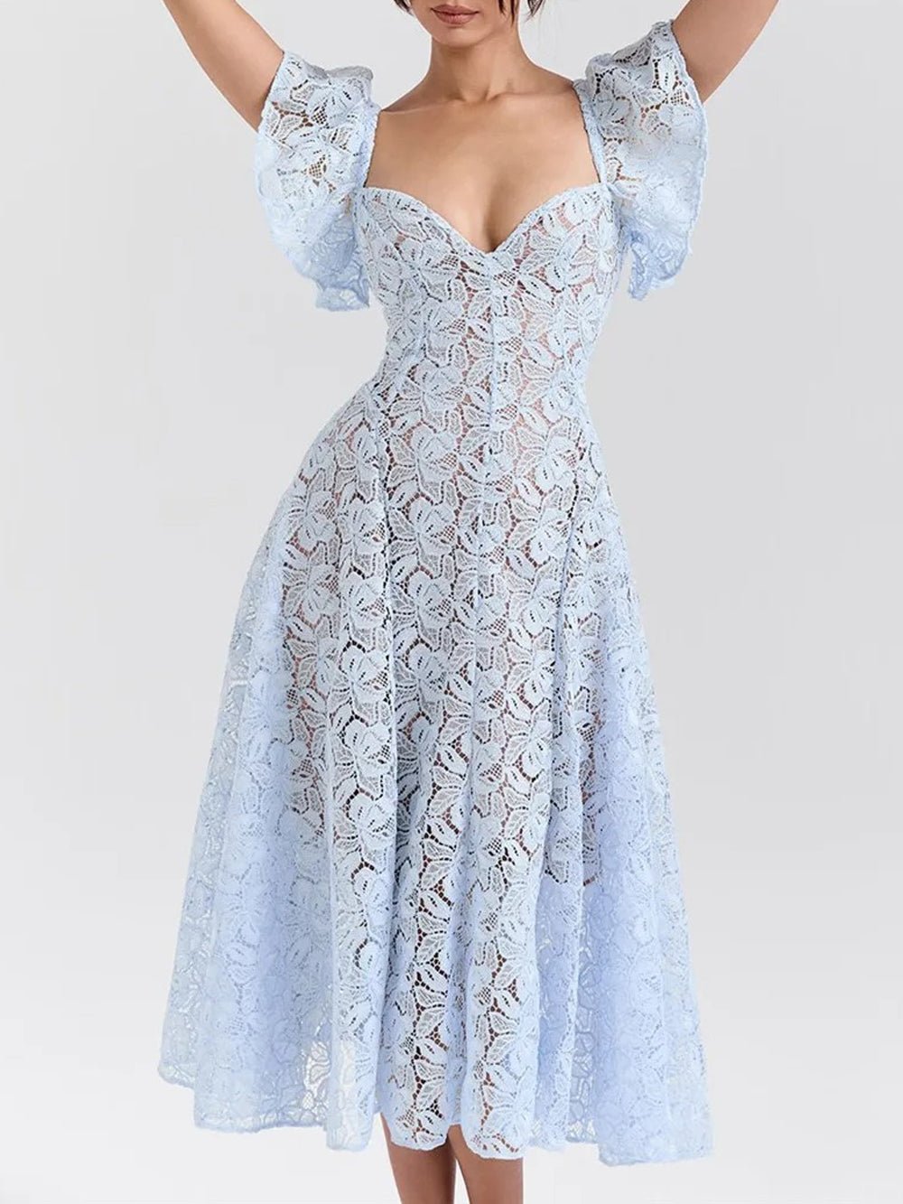 Blue Lace Sweetheart Flutter Cap Sleeve Fit and Flare Midi Dress 4