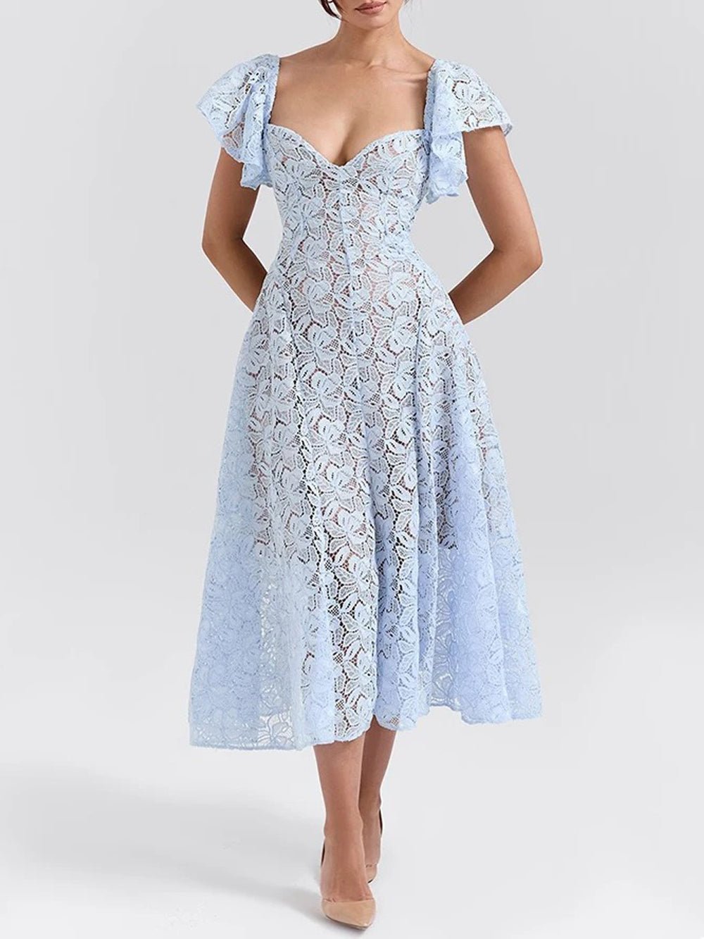 Blue Lace Sweetheart Flutter Cap Sleeve Fit and Flare Midi Dress 3