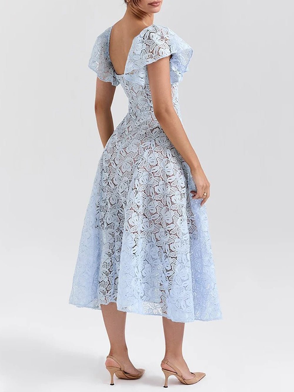 Blue Lace Sweetheart Flutter Cap Sleeve Fit and Flare Midi Dress 2