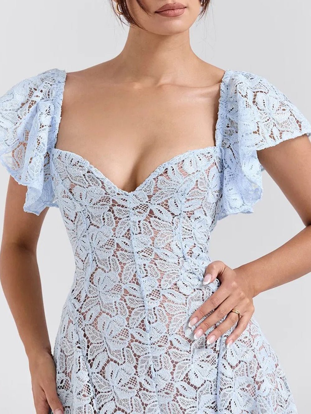Blue Lace Sweetheart Flutter Cap Sleeve Fit and Flare Midi Dress 5