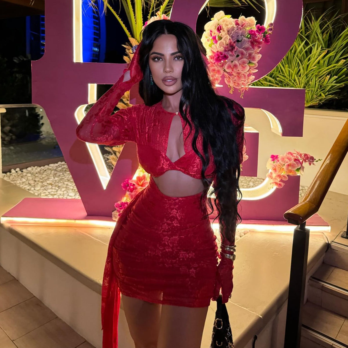 High Neck Floral Mesh Twist Front Cutout Glove Bodycon Mini Dress 11