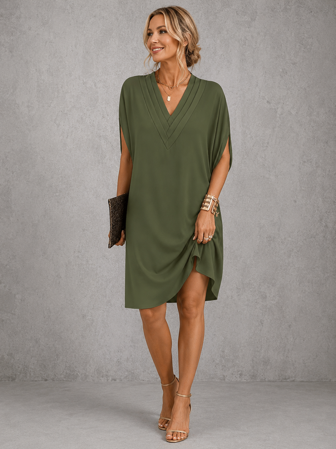 Pleated V-Neck Split Sleeve Shift Mini Dress