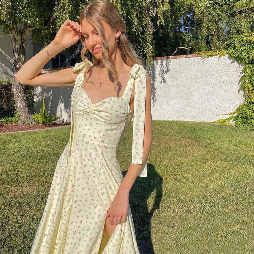 Yellow Floral Tie Strap Sweetheart Ruched High Slit A-Line Midi Dress