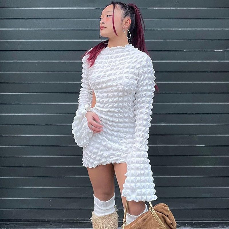 White Crew Neck Popcorn Texture Cutout Long Sleeve Bodycon Mini Dress