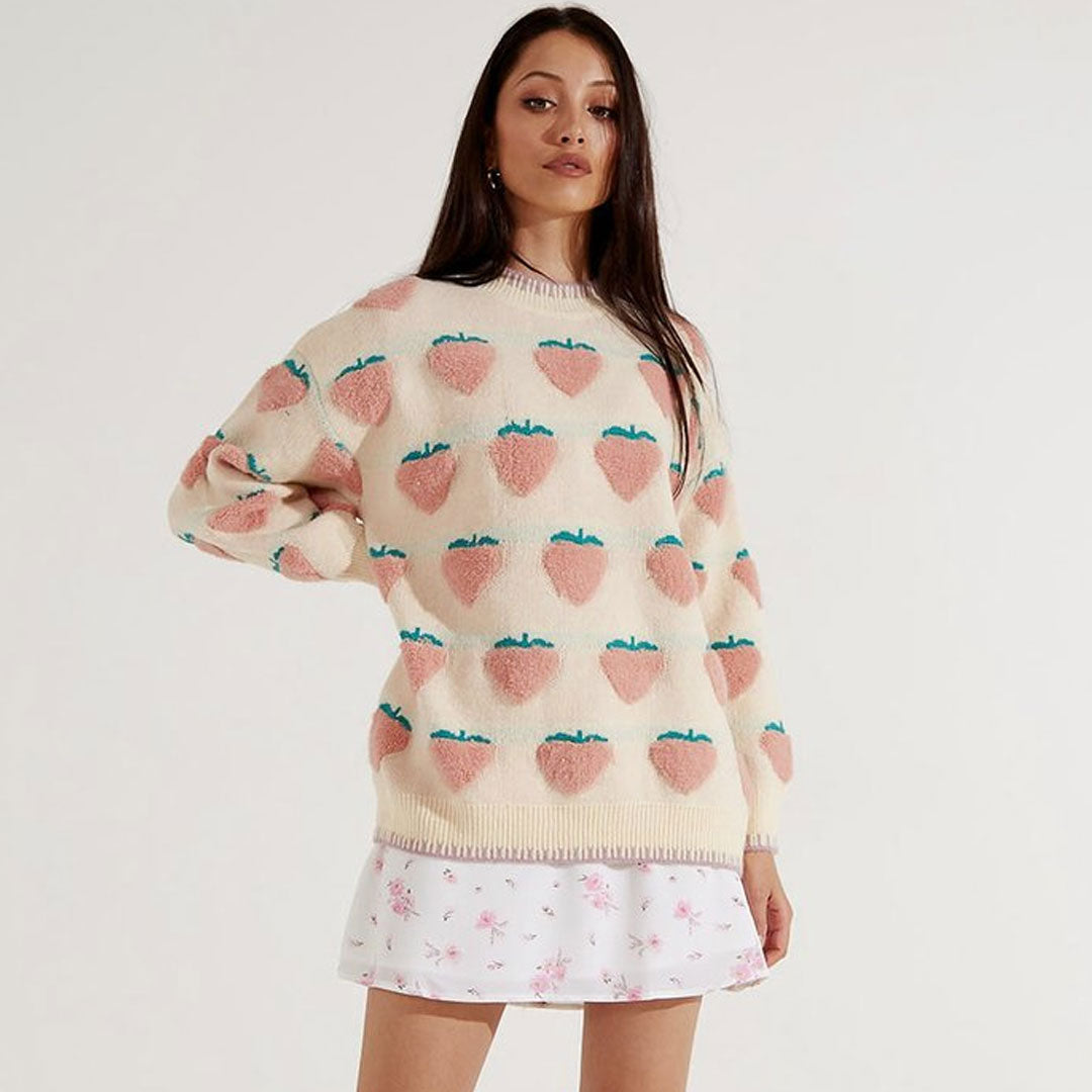 Pink Strawberry Pattern Crew Neck Oversized Knit Pullover Sweater