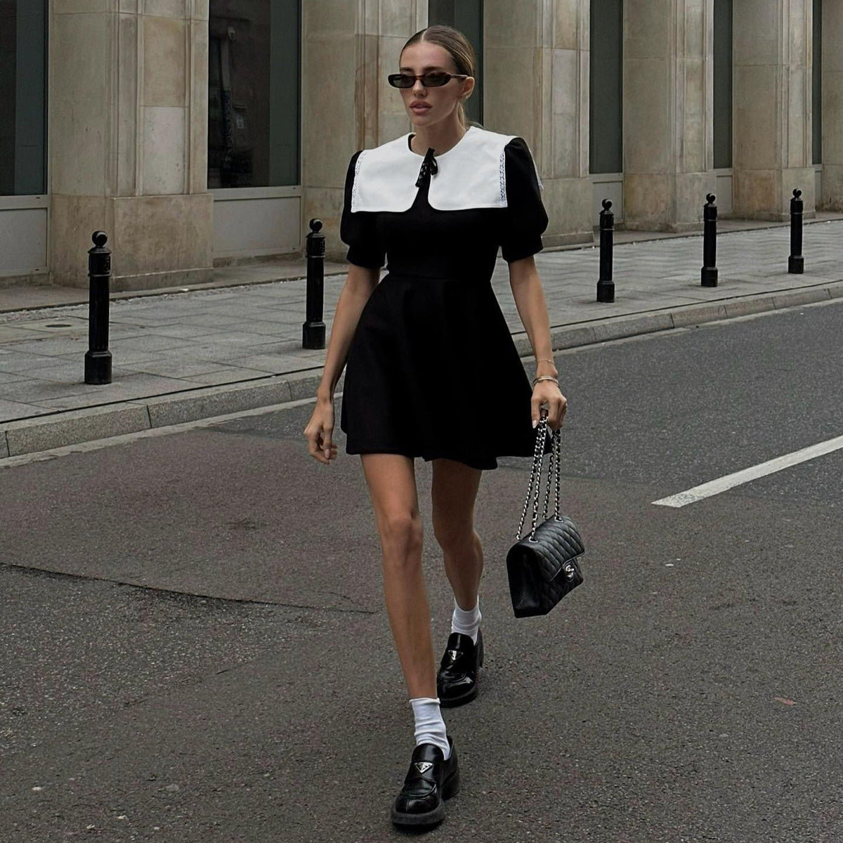 Black Oversized Collar Puff Sleeve A-Line Mini Dress