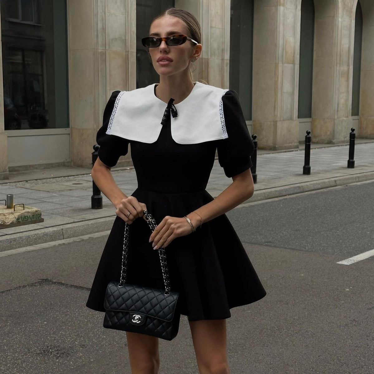 Black Oversized Collar Puff Sleeve A-Line Mini Dress