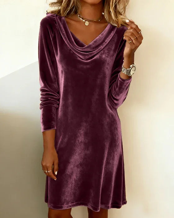 Cowl Neck Velvet Long Sleeve Ruched Shift Mini Dress
