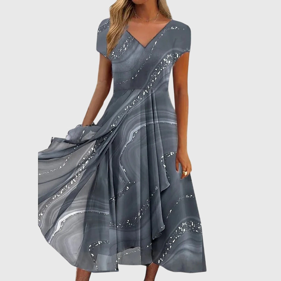 V-Neck Cap Sleeve Marble Print Draped Flowy A-Line Midi Dress