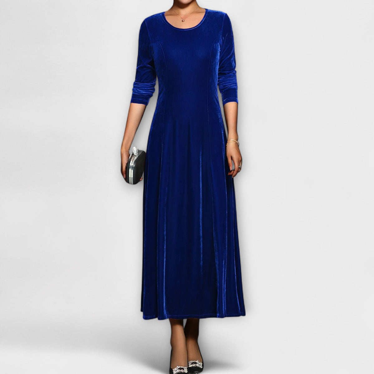 Round Neck Velvet Long Sleeve A-Line Maxi Dress