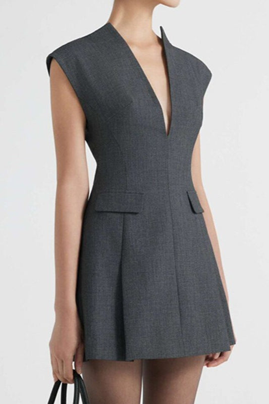 Solid V Neck Slim A Line Elegant Work Dress