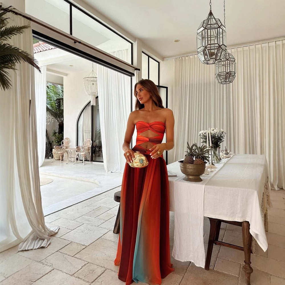 Sweetheart Red Strapless Twist Front Cutout Ombre Chiffon Maxi Gown