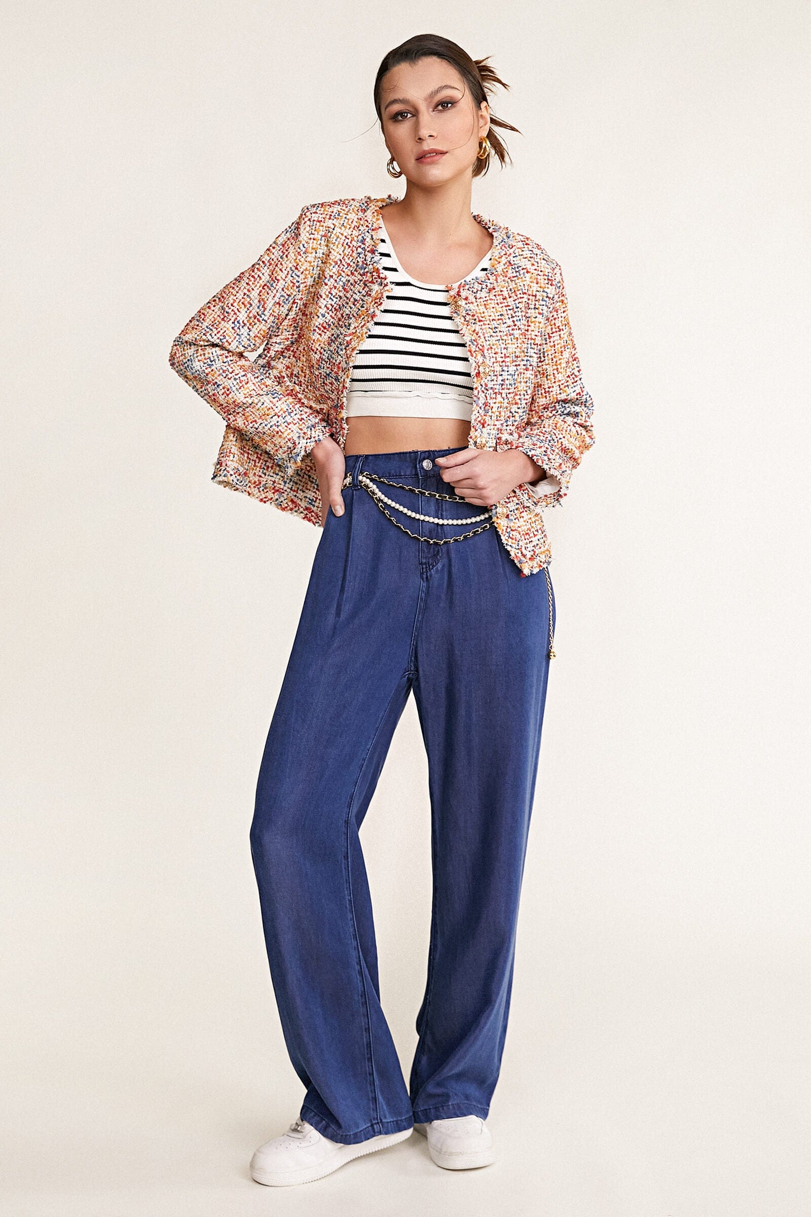 Multicolor Frayed Trim Button-Up Tweed Jacket