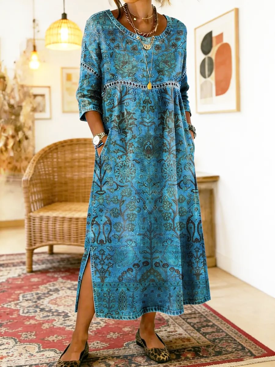 Floral Round Neck Floral Tapestry Print Side Slit Pocket A-Line Maxi Dress