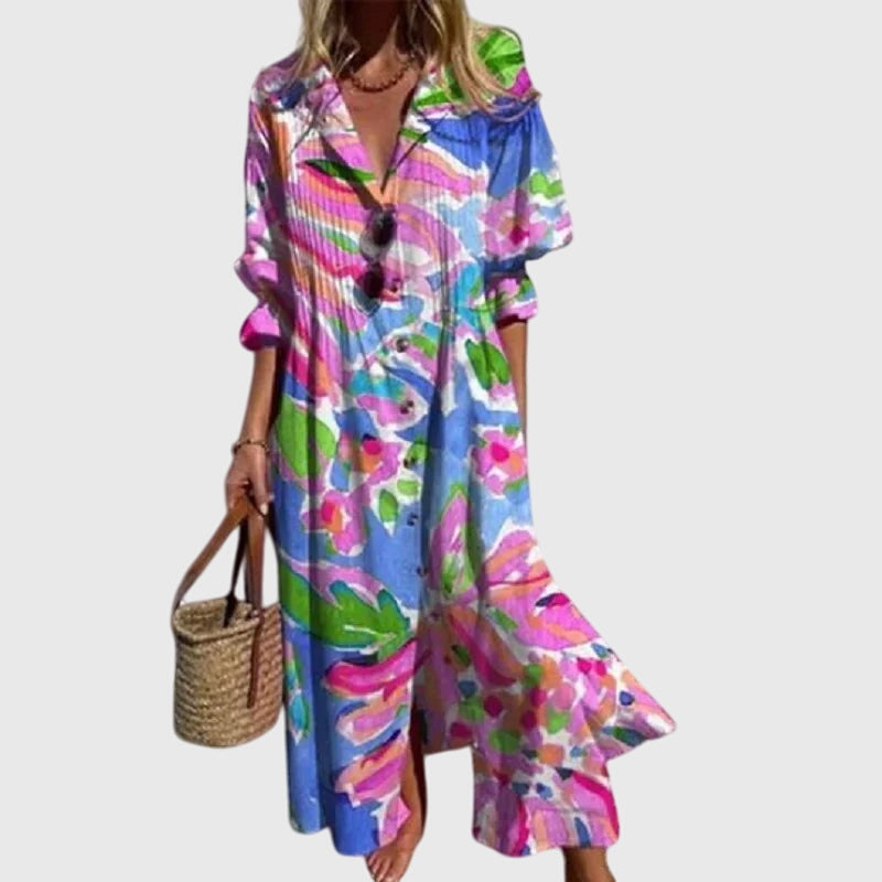 V-Neck Floral Print Long Sleeve Tiered Bohemian Maxi Dress