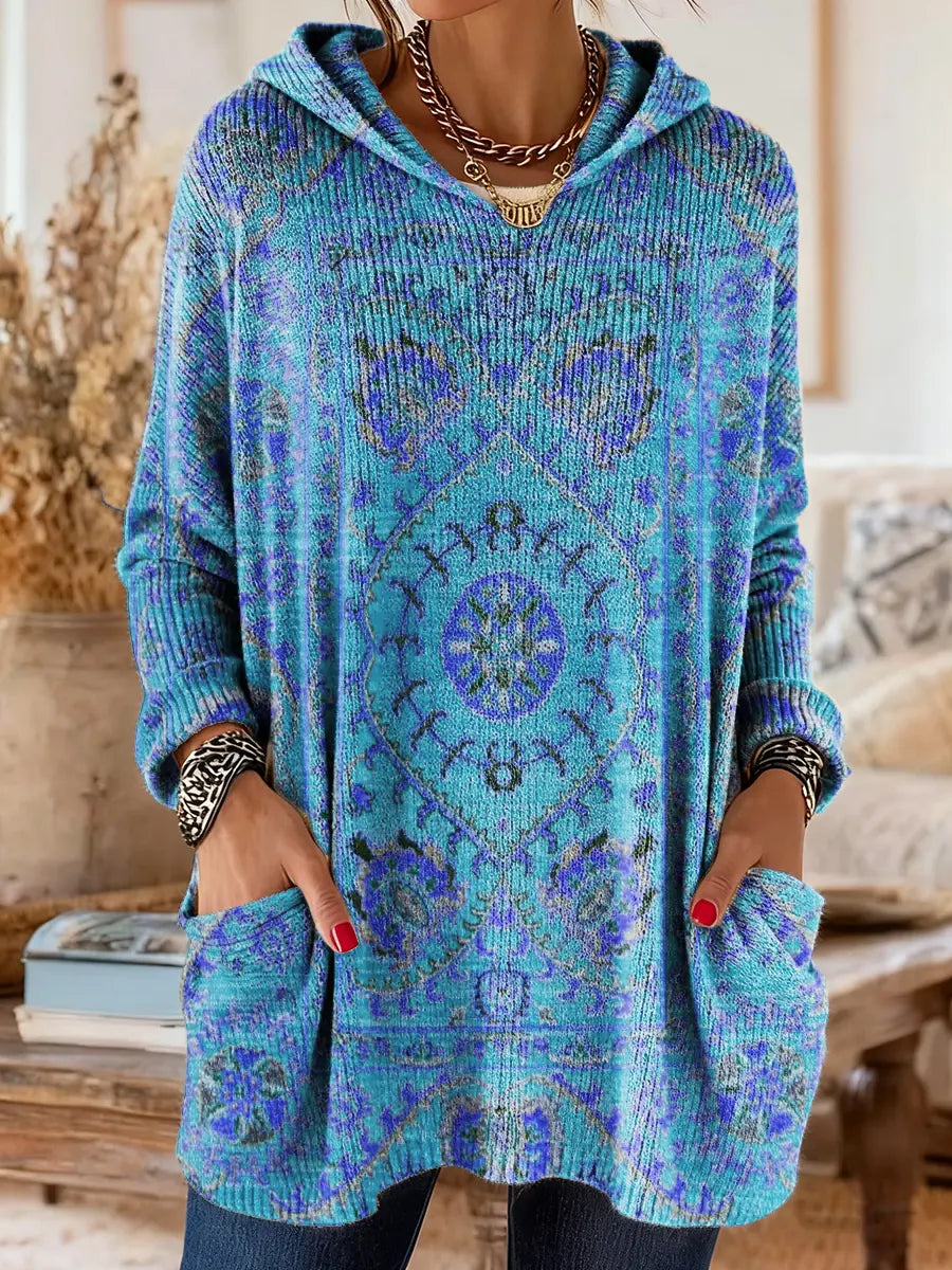 Hooded Ethnic Print Long Sleeve Pocket Knit Sweater