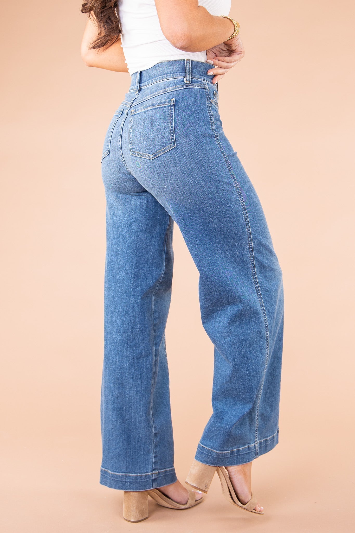 Vintage style sewn front wide leg jeans