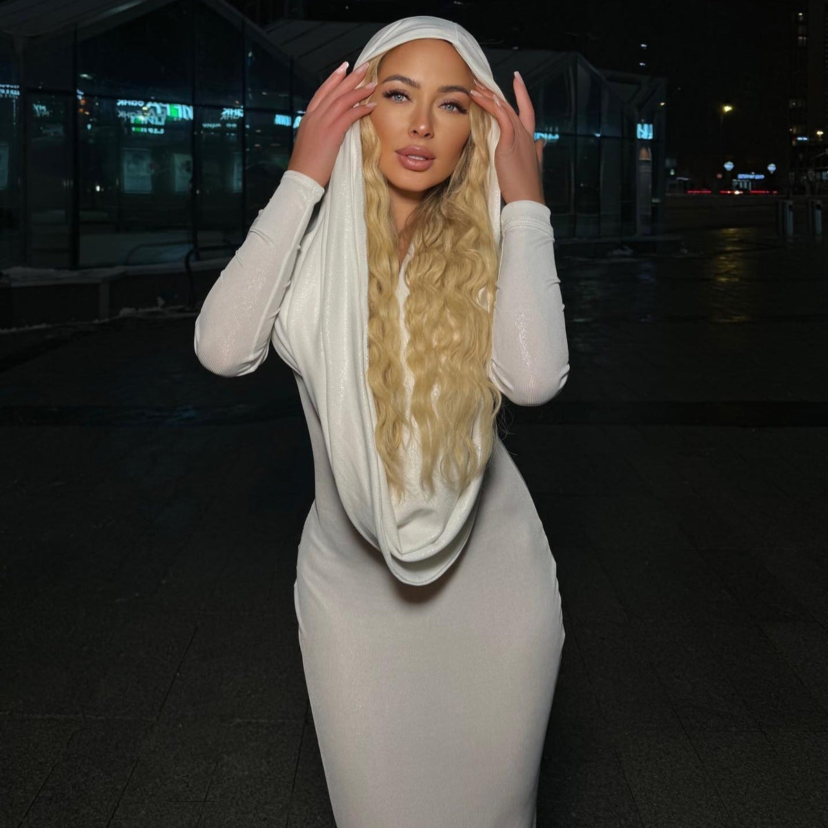 Hooded Cowl Neck Long Sleeve Ruched Bodycon Maxi Dress