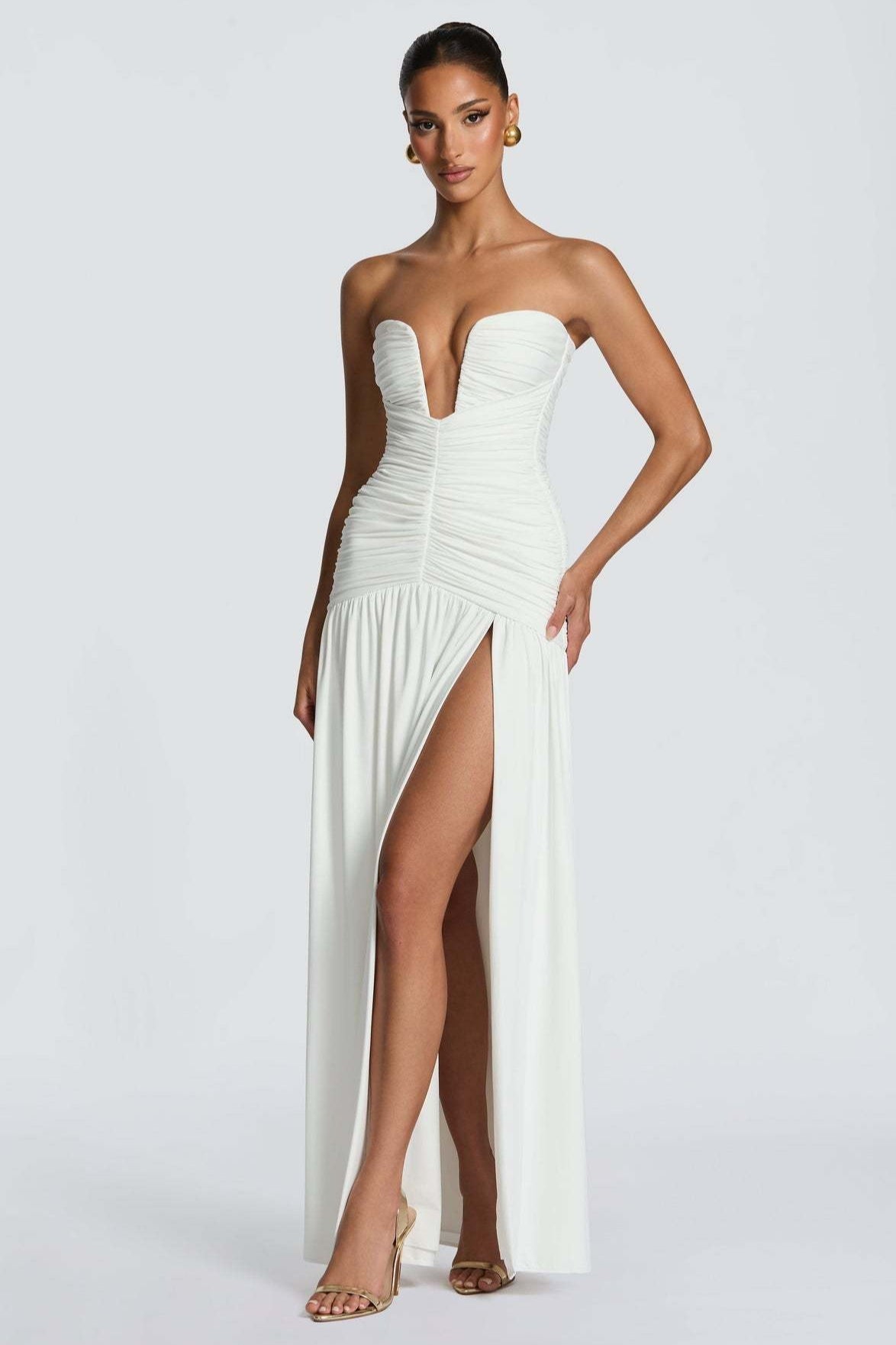 Solid Strapless High Slit Ruched Bodycon Party Dress