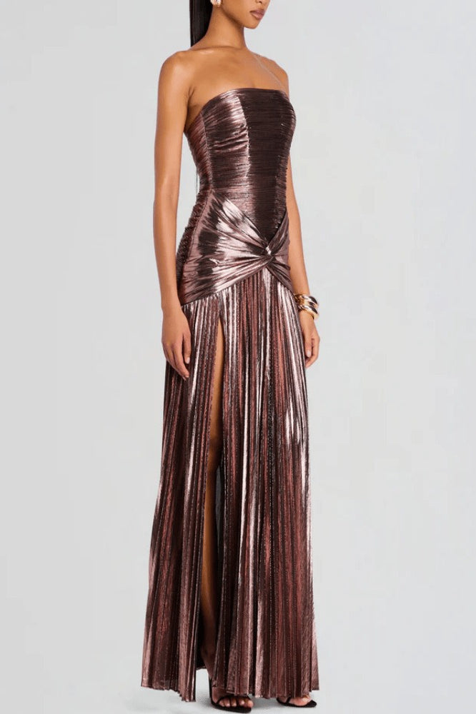 Metallic Ruched Slit Strapless Sleeveless Party Dress