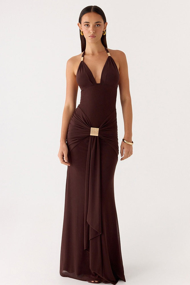 Deep V Halter Backless Sash Bodycon Party Dress
