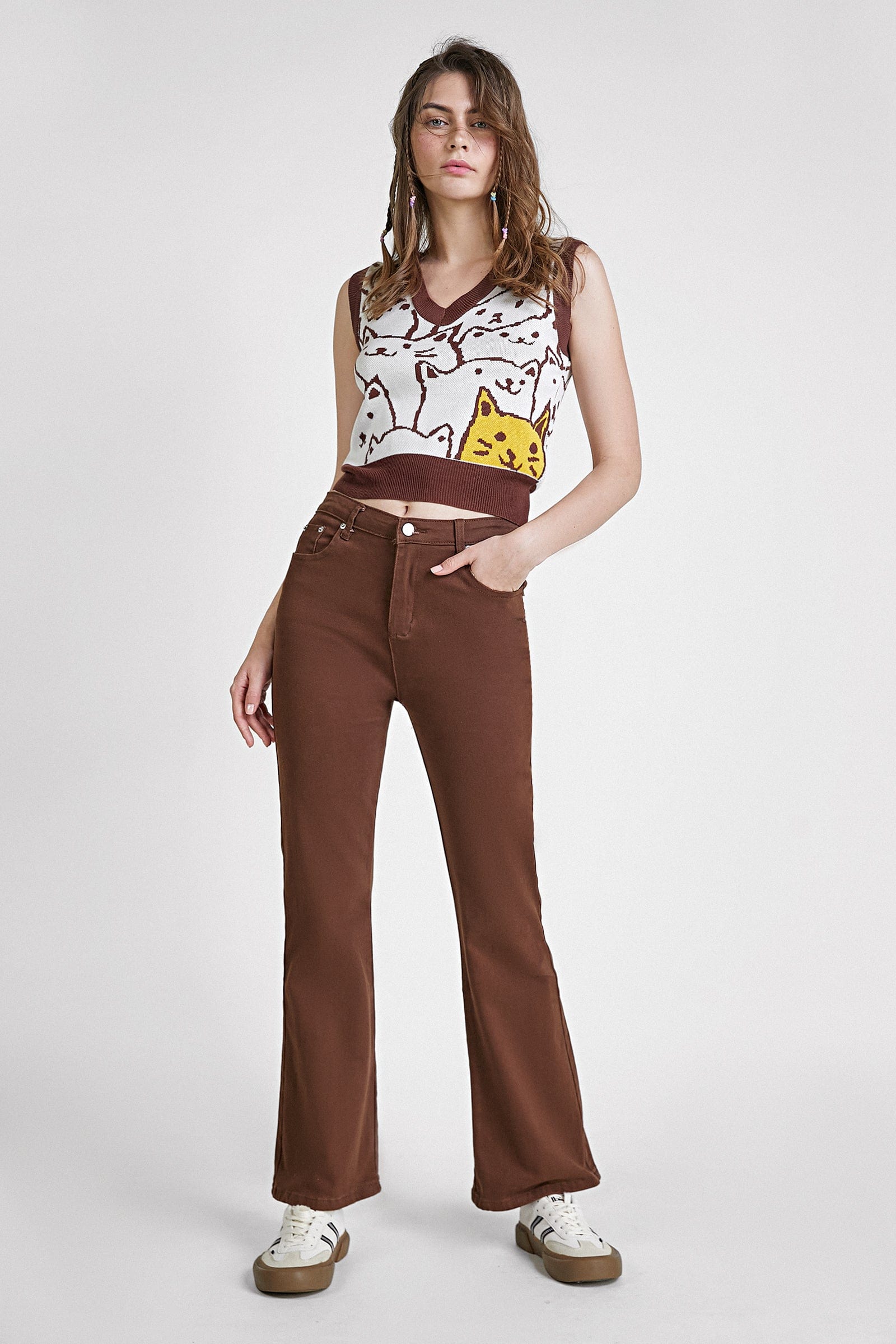 Saddle Brown Cat Print Knitted Vest