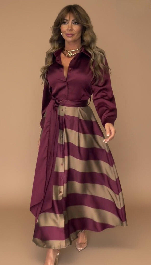 Collared Button Front Long Sleeve Belted Satin Striped Maxi Dress