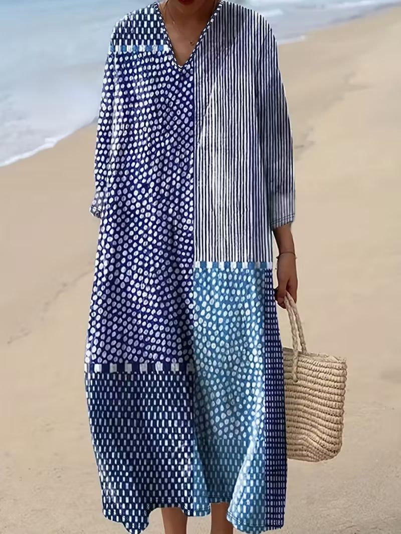 V-Neck Patchwork Polka Dot Stripe Long Sleeve Relaxed Maxi Dress