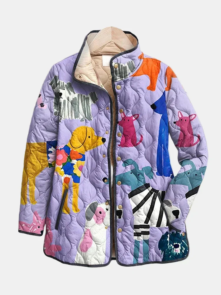 Multicolour Stand Collar Dog Print Quilted Button-Front Long Sleeve Jacket